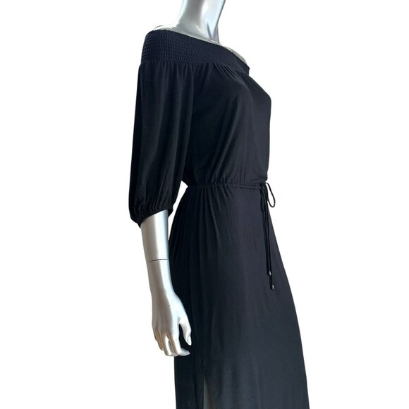 Ella Moss Black Off-Shoulder Smocked Neckline Midi Dress M - Picture 10 of 12